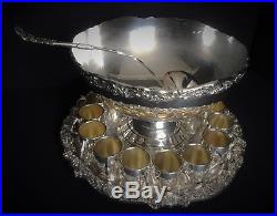 F. B. ROGERS SILVER PLATED PUNCH BOWL / LADLE / TRAY / 16 CUPS Set