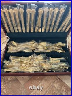F B Rogers Gold Plated 85 Piece flatware Set Service For 16 in Red wooden box