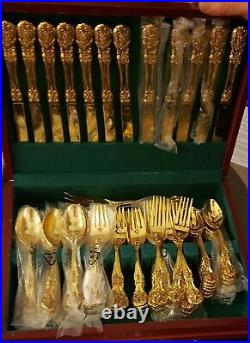 F. B. Rogers Gold Plated Flatware Set French Rose Pattern 62pc. New