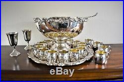 F B Rogers Ornate Pedestal Punch Bowl Ladle 20 Cups 2 Goblets Tray Silver Set