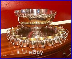 F B Rogers Ornate Pedestal Punch Bowl With 20 Cups Silver Plated