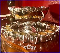F B Rogers Ornate Pedestal Punch Bowl With 20 Cups Silver Plated
