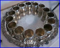 F B Rogers Ornate Punch Bowl 15 Cups Tray Heavy Silver Plated Pedestal SET Ladle