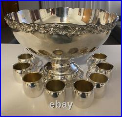 F B Rogers Silver Co 1883 Pedestal Punch Bowl Set 8 Cups Ladel Ornate Grape edge
