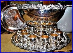 F. B. Rogers Silver Co. Silverplate Large Punch Bowl 12 Cups 2 Trays Ladle