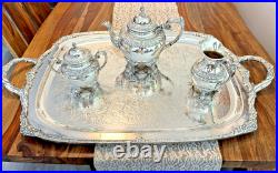 Heritage 1847 Rogers Bros Large Plate 9493 & 3 Pc. Tea Set Silverplated- VTG