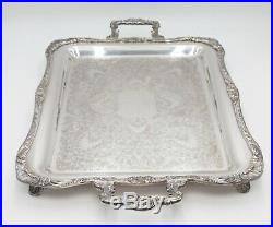 Large Antique Wm Rogers Silver Plate Footed Serving Tray With Handles