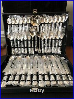 NEW Antique W. M. Rogers & Sons Enchanted Rose Silver Plated Flatware Set, 63 pc