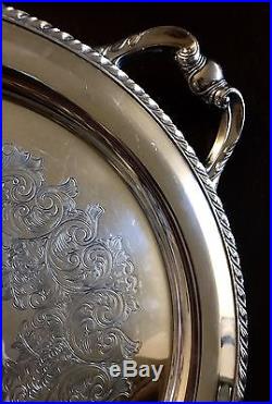ORNATE ROUND VM A ROGERS SILVER-PLATED SERVING TRAY 18 HANDLES Trim Design