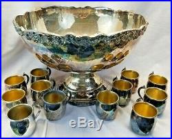 Obo Huge Antique F. B Rogers 1883 Silver Plate Grapevine Punch Bowl 12 Cups Obo