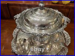 Repousse Floral Silver 3 1/2 Quart Footed Covered Soup Stew Serving Tureen Bowl