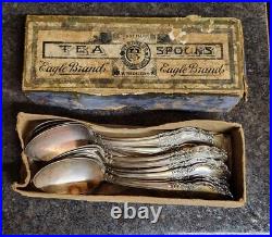 Set 12 1890s WM Rogers Eagle Brand Extra Plate Silver Tea Spoons, Original Box