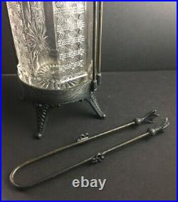 Silver Plate Pickle Jar Castor w Tongs Lid 19th Cent Silver Plated Rogers & Bros