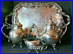 VINTAGE ORNATE F B ROGERS SILVER 3pc TEA SERVICE withFRENCH ROCOCO/WAITER'S TRAY