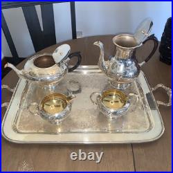 VTG Marlboro Silver Plate Coffee Tea Service & Wm A Rogers Serving Tray 5-Pc Set