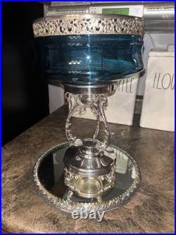 Victorian J Rogers Quadruple Silver Compote Stand Teal Blue Glass Mirror Plateau