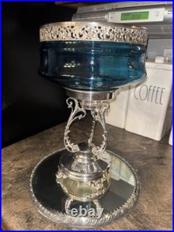 Victorian J Rogers Quadruple Silver Compote Stand Teal Blue Glass Mirror Plateau