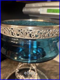 Victorian J Rogers Quadruple Silver Compote Stand Teal Blue Glass Mirror Plateau