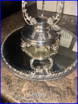 Victorian J Rogers Quadruple Silver Compote Stand Teal Blue Glass Mirror Plateau