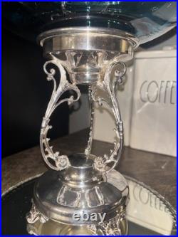 Victorian J Rogers Quadruple Silver Compote Stand Teal Blue Glass Mirror Plateau