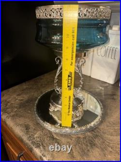 Victorian J Rogers Quadruple Silver Compote Stand Teal Blue Glass Mirror Plateau