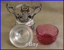 Victorian J. Rogers Silverplate Cranberry Sugar Caster Bowl Spooner w 12 Spoons