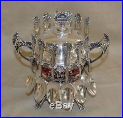 Victorian J. Rogers Silverplate Cranberry Sugar Caster Bowl Spooner w 12 Spoons