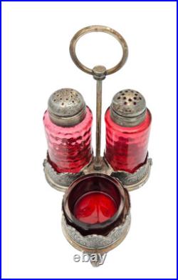 Victorian Rogers & Bro. Silver Plate Cranberry Glass Shakers & Salt Cellar 1800s