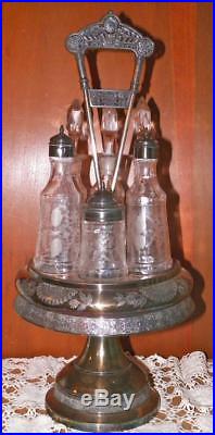 Victorian Silver Plate Castor Set 6 Glass Cruets Jars Spoon Antique Rogers Bros