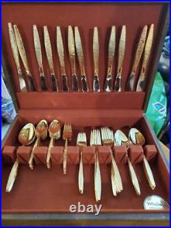 Vintage 1847 ROGERS BROS Gold Plate Flatware Set 75 Pc In Wooden Box