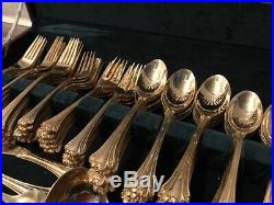 Vintage FB Rogers Gold Stainless Silverware Set 85 Piece Wood Box-Service For 16