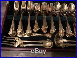Vintage FB Rogers Gold Stainless Silverware Set 85 Piece Wood Box-Service For 16