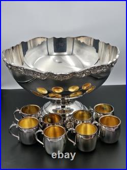Vintage FB Rogers Silver Plated Victorian Style Punch Bowl Set with 8 Cups