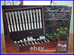 Vintage FB Rogers & Sons French Rose 64 Pc Flatware Set with Wooden Case NEW NOS