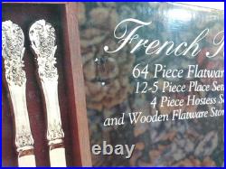 Vintage FB Rogers & Sons French Rose 64 Pc Flatware Set with Wooden Case NEW NOS