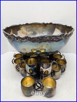 Vintage F. B. Rogers Silver Co. Punch Bowl Silverplate Set with14 Silverplate Cups