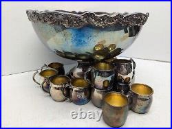 Vintage F. B. Rogers Silver Co. Punch Bowl Silverplate Set with14 Silverplate Cups