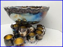 Vintage F. B. Rogers Silver Co. Punch Bowl Silverplate Set with14 Silverplate Cups