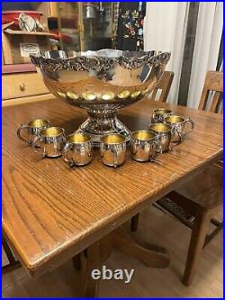 Vintage F. B. Rogers Silver Co Punch Bowl Silverplate Set with 8 Silverplate cups