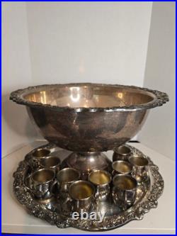 Vintage F. B. Rogers Silver Plate Punch Bowl, Serv Tray & 10 Cups BEAUTIFUL! EUC