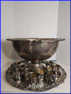 Vintage F. B. Rogers Silver Plate Punch Bowl, Serv Tray & 10 Cups BEAUTIFUL! EUC