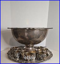 Vintage F. B. Rogers Silver Plate Punch Bowl, Serv Tray & 10 Cups BEAUTIFUL! EUC