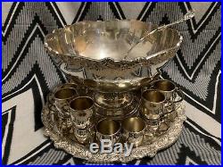 Vintage F. B. Rogers Silverplate Punch Bowl Set With 19 Cups, Tray, Ladle, Dish