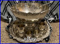 Vintage F. B. Rogers Silverplate Punch Bowl Set With 19 Cups, Tray, Ladle, Dish