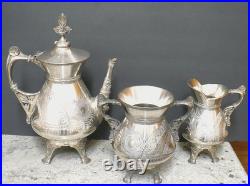 Vintage Rogers Smith & Co 3 Piece Peacock Feather Repousse Silver Plate Tea Set