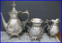 Vintage Rogers Smith & Co 3 Piece Peacock Feather Repousse Silver Plate Tea Set