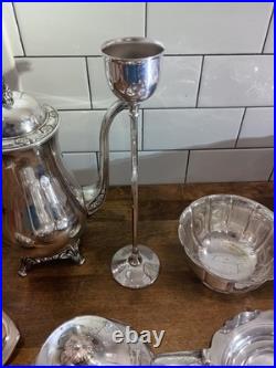 Vintage Silver Plate Oneida, Rogers, Sheffield Teapot lot 16 Service Dishes, Butter Vintage Silver Plate Oneida, Rogers, Sheffield Teapot lot 16 Service Dishes, Butter