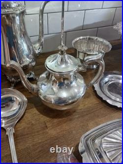 Vintage Silver Plate Oneida, Rogers, Sheffield Teapot lot 16 Service Dishes, Butter Vintage Silver Plate Oneida, Rogers, Sheffield Teapot lot 16 Service Dishes, Butter