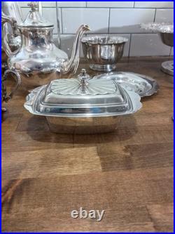 Vintage Silver Plate Oneida, Rogers, Sheffield Teapot lot 16 Service Dishes, Butter