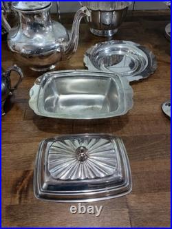 Vintage Silver Plate Oneida, Rogers, Sheffield Teapot lot 16 Service Dishes, Butter Vintage Silver Plate Oneida, Rogers, Sheffield Teapot lot 16 Service Dishes, Butter